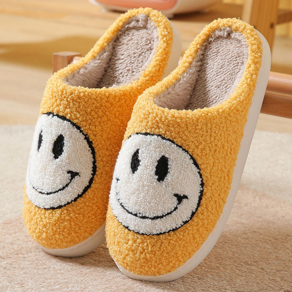 Fuzzy smiley face cotton slippers by MadeMine, cozy and fluffy house slippers for women and men, perfect for warm comfort.