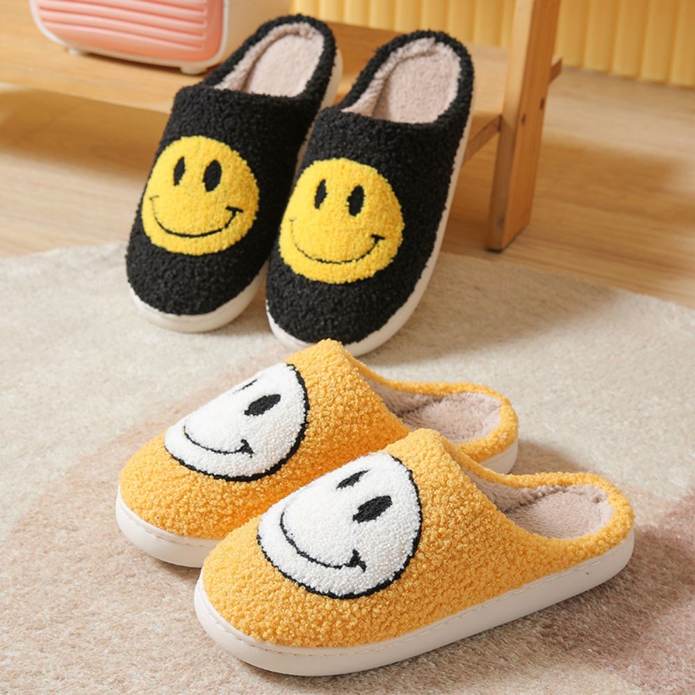 Fuzzy smiley face cotton slippers from MadeMine with fluffy, warm, cozy design for women and men, perfect for indoor comfort