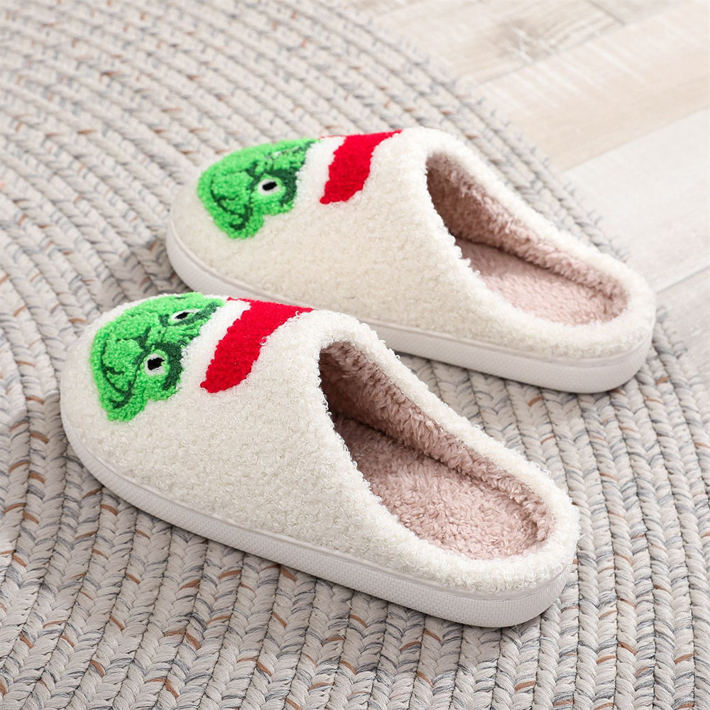 MadeMine Christmas Grinch slippers with cotton material and festive design, perfect for cozy holiday home footwear.