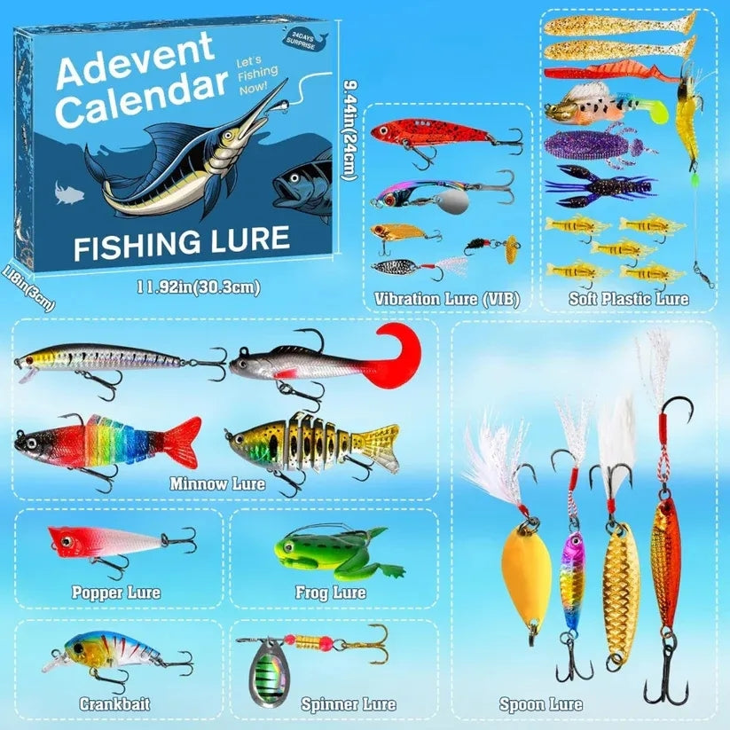 MadeMine fishing advent calendar with fishing lure blind box, ideal gift for fishing enthusiasts, featuring colorful fishing lure images.