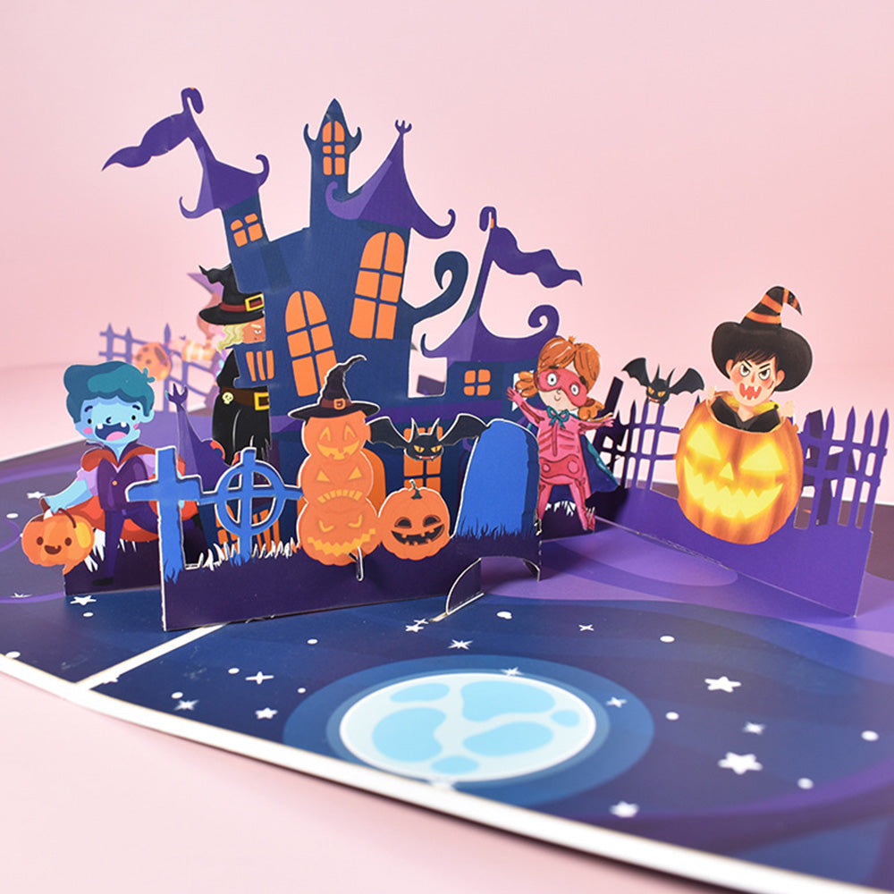 Tarjeta desplegable 3D de Halloween, tarjeta de felicitación desplegable de castillo de terror.