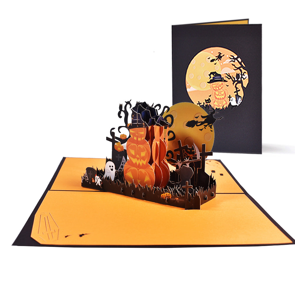 Tarjeta desplegable 3D de Halloween, cementerio de calabazas, tarjeta de felicitación desplegable.