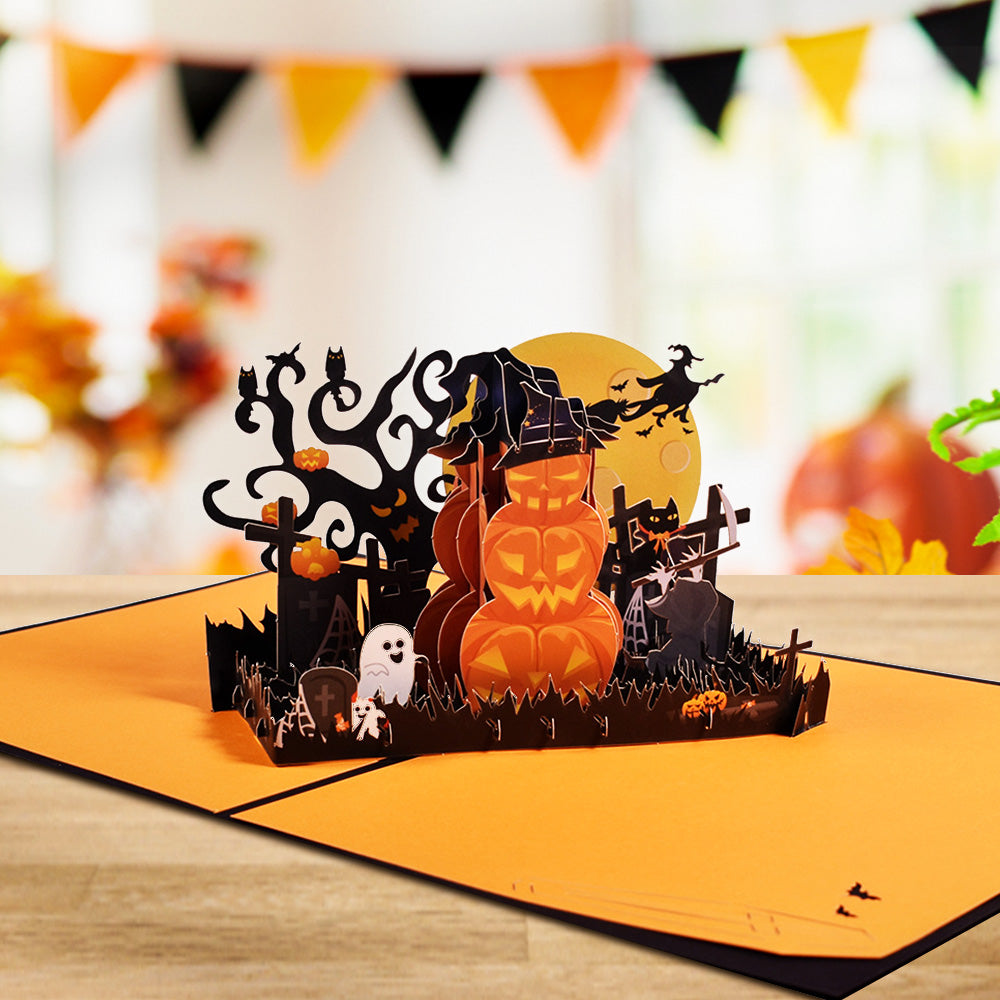 Tarjeta desplegable 3D de Halloween, cementerio de calabazas, tarjeta de felicitación desplegable.