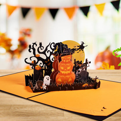 Tarjeta desplegable 3D de Halloween, cementerio de calabazas, tarjeta de felicitación desplegable.