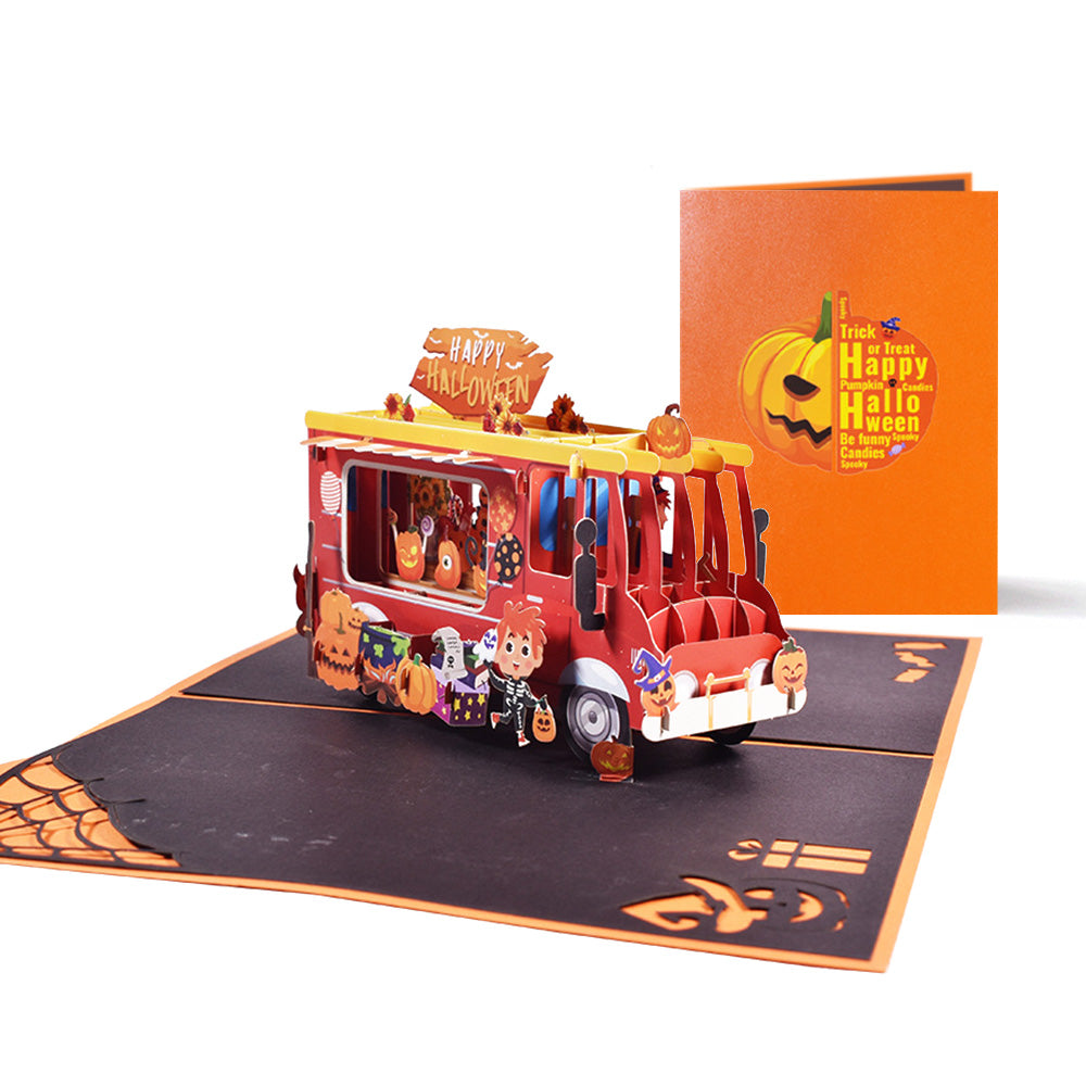 Tarjeta desplegable 3D de Halloween, tarjeta de felicitación desplegable con diseño de coche de calabaza.