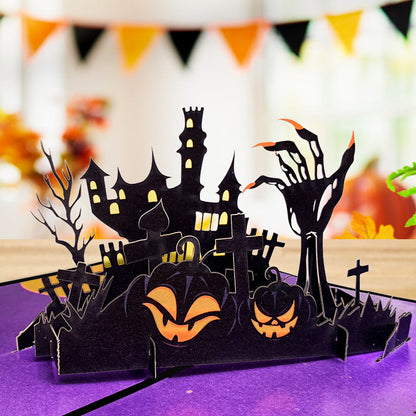 Tarjeta desplegable 3D de Halloween, tarjeta de felicitación desplegable de casa encantada.