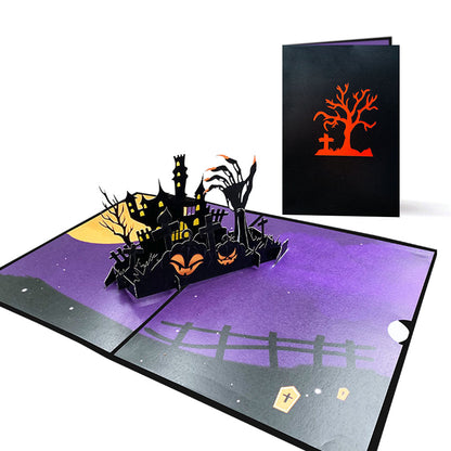 Tarjeta desplegable 3D de Halloween, tarjeta de felicitación desplegable de casa encantada.