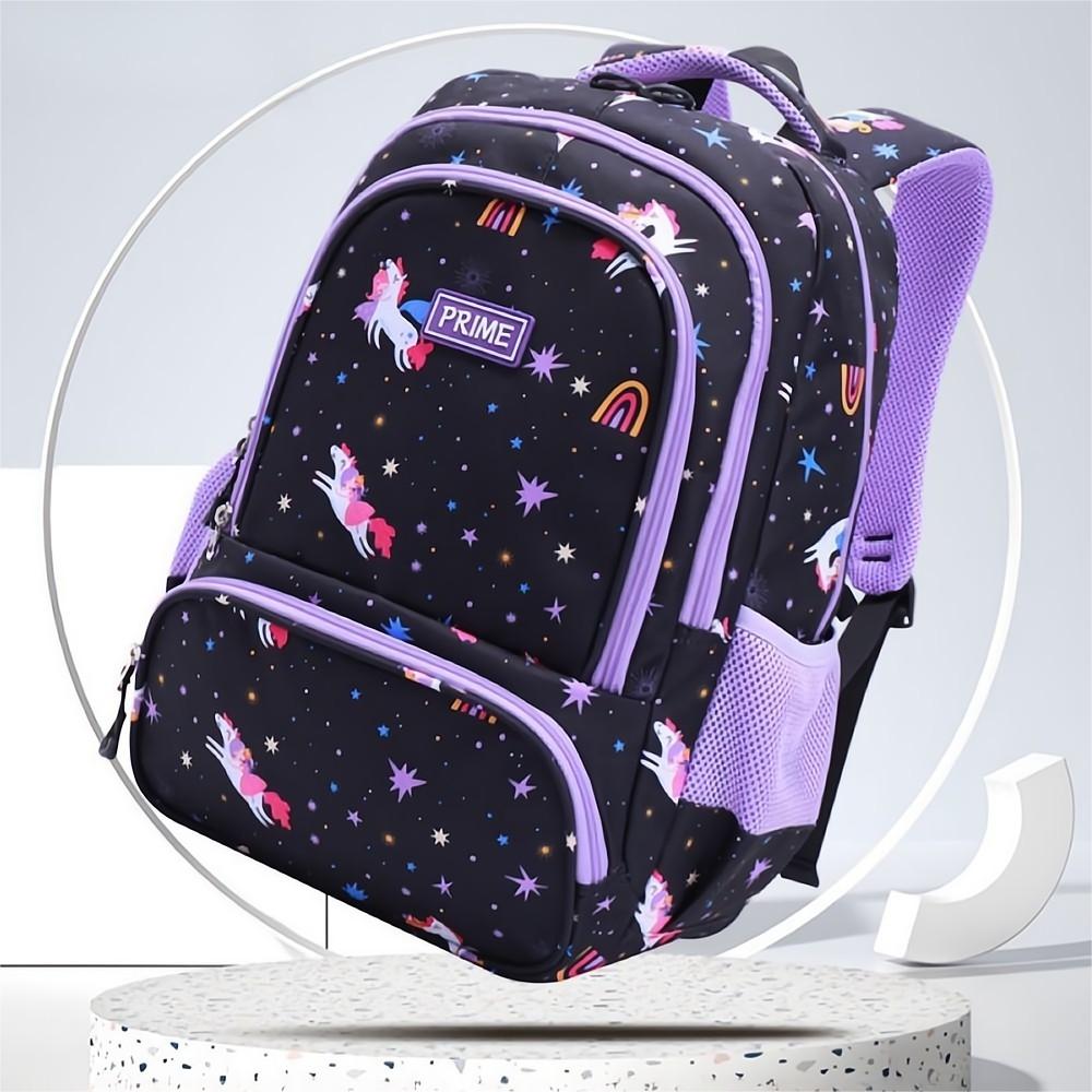 Rainbow astronaut kids backpack by MadeMine, lightweight school bag with colorful space-themed design for boys and girls.