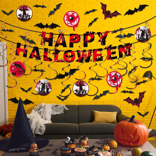 MadeMine Halloween party banner with hanging swirl decorations, festive party supplies for Halloween celebration.
