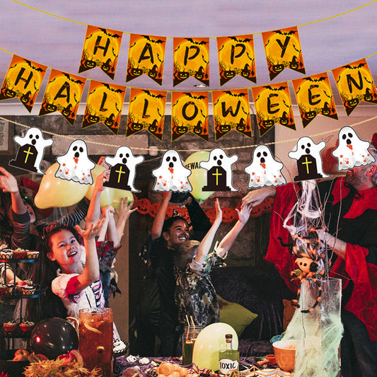 MadeMine Halloween party banner decorations with festive orange and black designs for Halloween celebrations and party supplies.