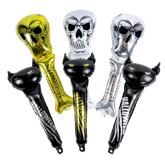 Six Halloween-themed balloon sticks with skull balloons, perfect for spooky party decorations. MadeMine portable hand balloon set.