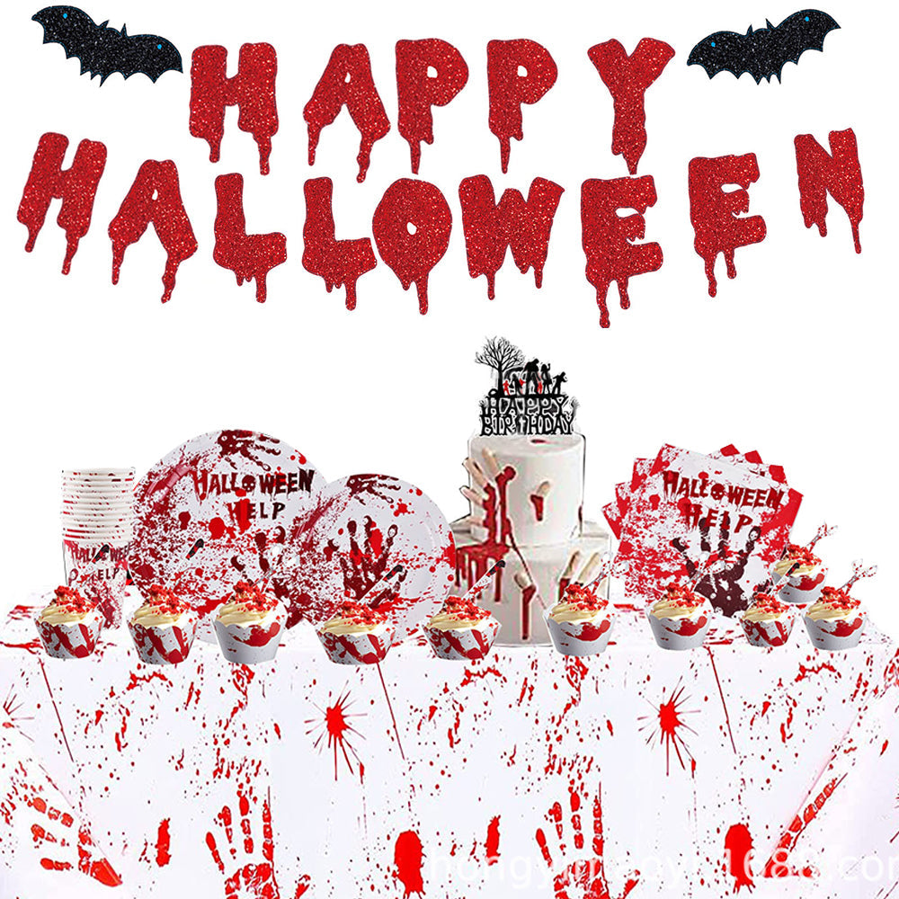 Kit de vajilla desechable de Halloween con huellas de manos sangrientas, decoraciones para fiestas, 98 piezas.