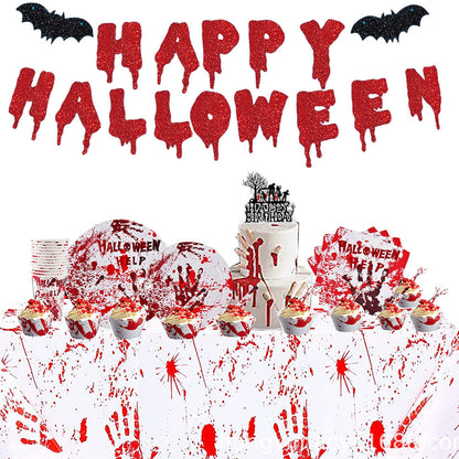 Kit de vajilla desechable de Halloween con huellas de manos sangrientas, decoraciones para fiestas, 98 piezas.