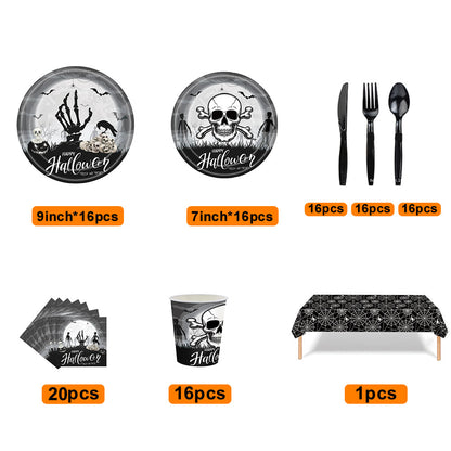 Kit de vajilla desechable para Halloween, decoraciones para fiestas de Halloween, 117 piezas.