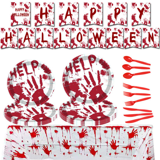 MadeMine Halloween Bloody Hands disposable tableware kit with 82 pieces, featuring creepy bloody hand designs for spooky party decor.