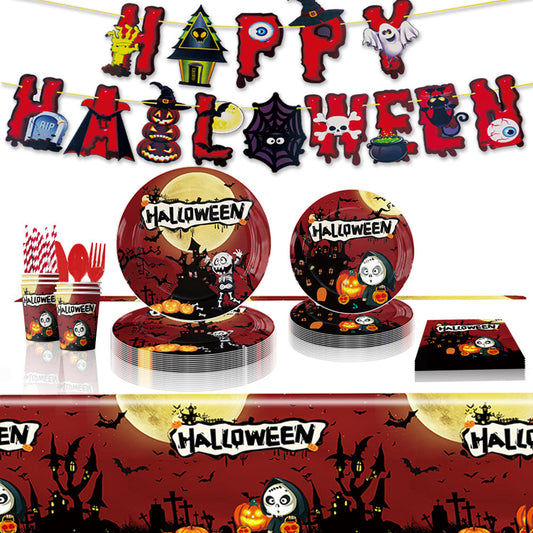 MadeMine Halloween party disposable tablecloth kit with 92pcs, featuring festive decorations and tableware for Halloween celebrations.