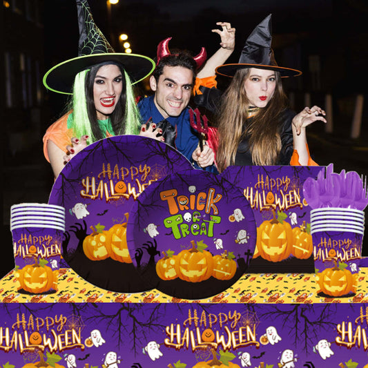 Halloween pumpkin design disposable tableware kit by MadeMine, featuring plates, cups, and utensils for Halloween party decorations.