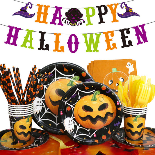 Halloween pumpkin design disposable tablecloth and banner kit by MadeMine, featuring festive party decorations for Halloween celebrations.