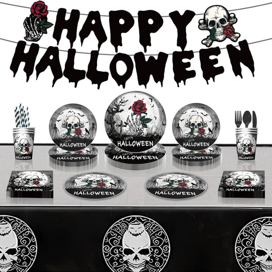 MadeMine Halloween skull design disposable tableware and tablecloth banner kit for Halloween party decorations