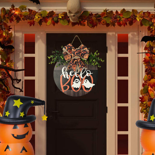 MadeMine Halloween welcome sign with farmhouse wreath, wooden front door decor, hanging porch decoration, autumn-themed gift