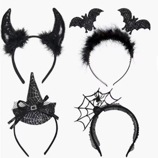 Four MadeMine Halloween devil and bat headbands with spooky designs, perfect for costume parties and Halloween cosplay.