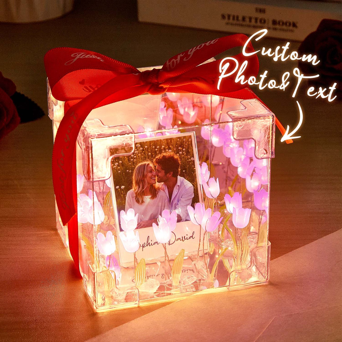 Custom photo tulip infinity mirror box by MadeMine with personalized light design, featuring a floral tulip pattern in a decorative box.