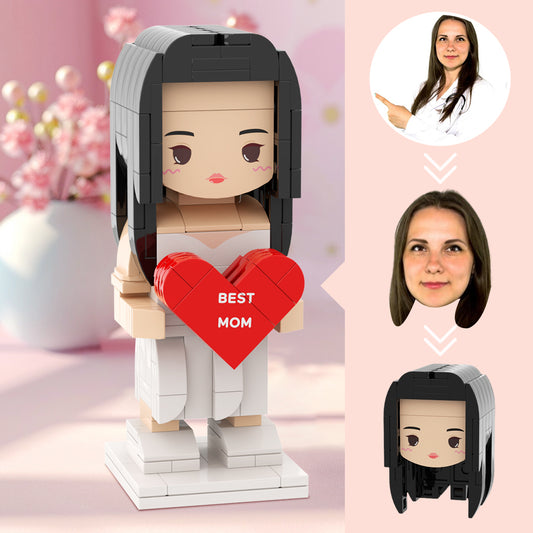 Customizable round face head brick figure by MadeMine, ideal personalized gift for Mother's Day, depicting a smiling face.