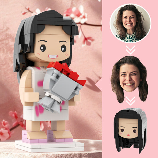 Customizable brick figure with round face, young mother holding flowers, perfect gift for mom by MadeMine.
