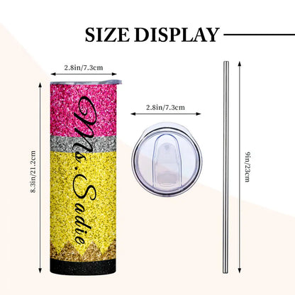 Personalized Glitter Apple Teacher Tumbler – 20oz Skinny with Lid & Straw