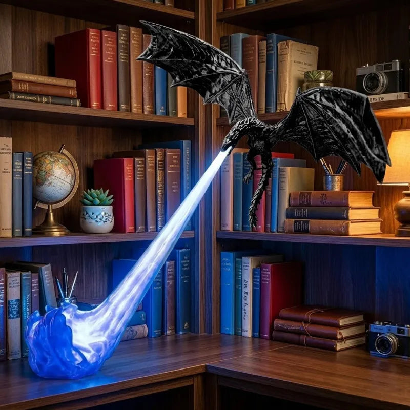 MadeMine Halloween Dragon Flame Book Nook with glowing LED fire dragon bookshelf insert, spooky fantasy decor for haunted homes and book lovers