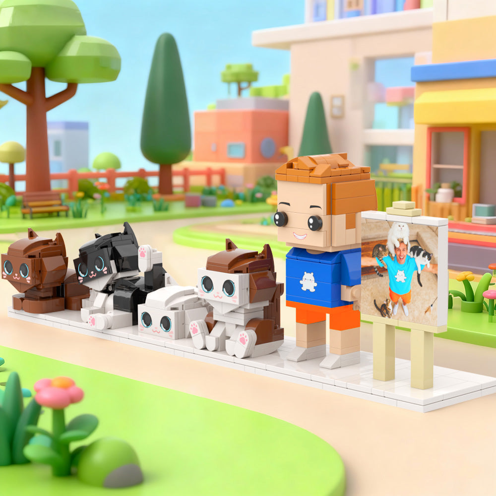 Custom Full-Body Brick Figures – 1 Person & 4 Cats – With Photo Frame