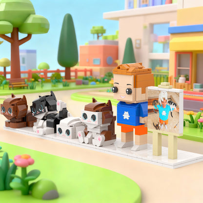 Custom Full-Body Brick Figures – 1 Person & 4 Cats – With Photo Frame
