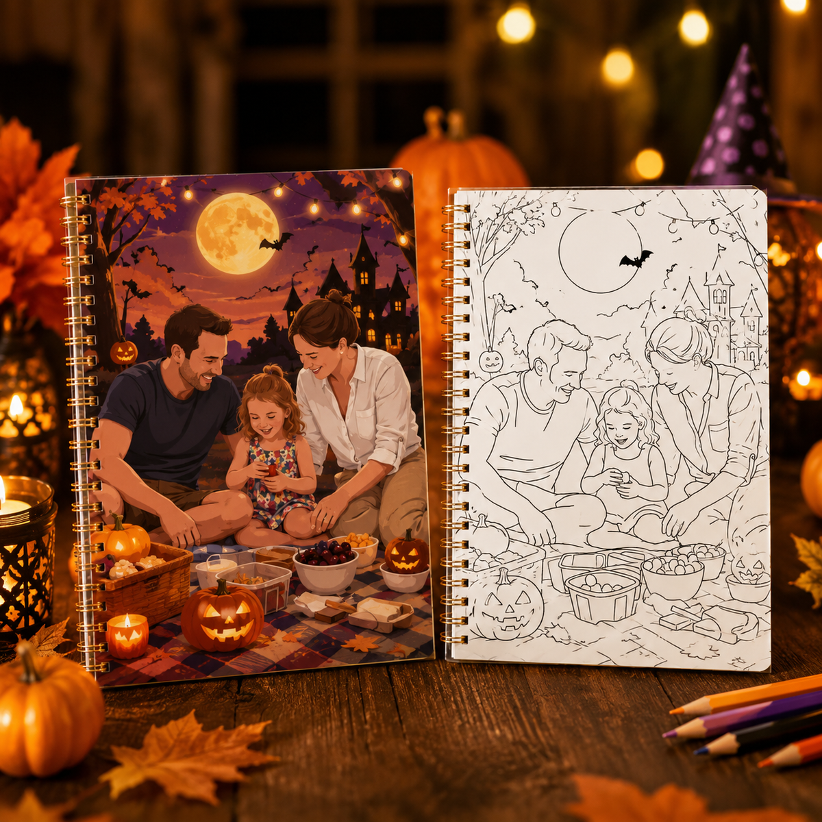 Personalized Halloween photo coloring book by MadeMine featuring custom family and pet illustrations for kids.