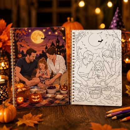 Personalized Halloween photo coloring book by MadeMine featuring custom family and pet illustrations for kids.