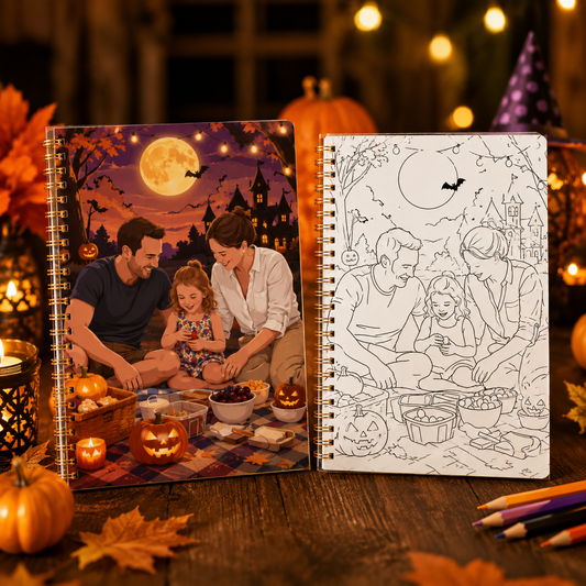 Personalized Halloween photo coloring book by MadeMine featuring custom family and pet illustrations for kids.