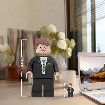 Custom 3D printed giant Minifigs by MadeMine, personalized with a photo, perfect for unique personalized gifts.