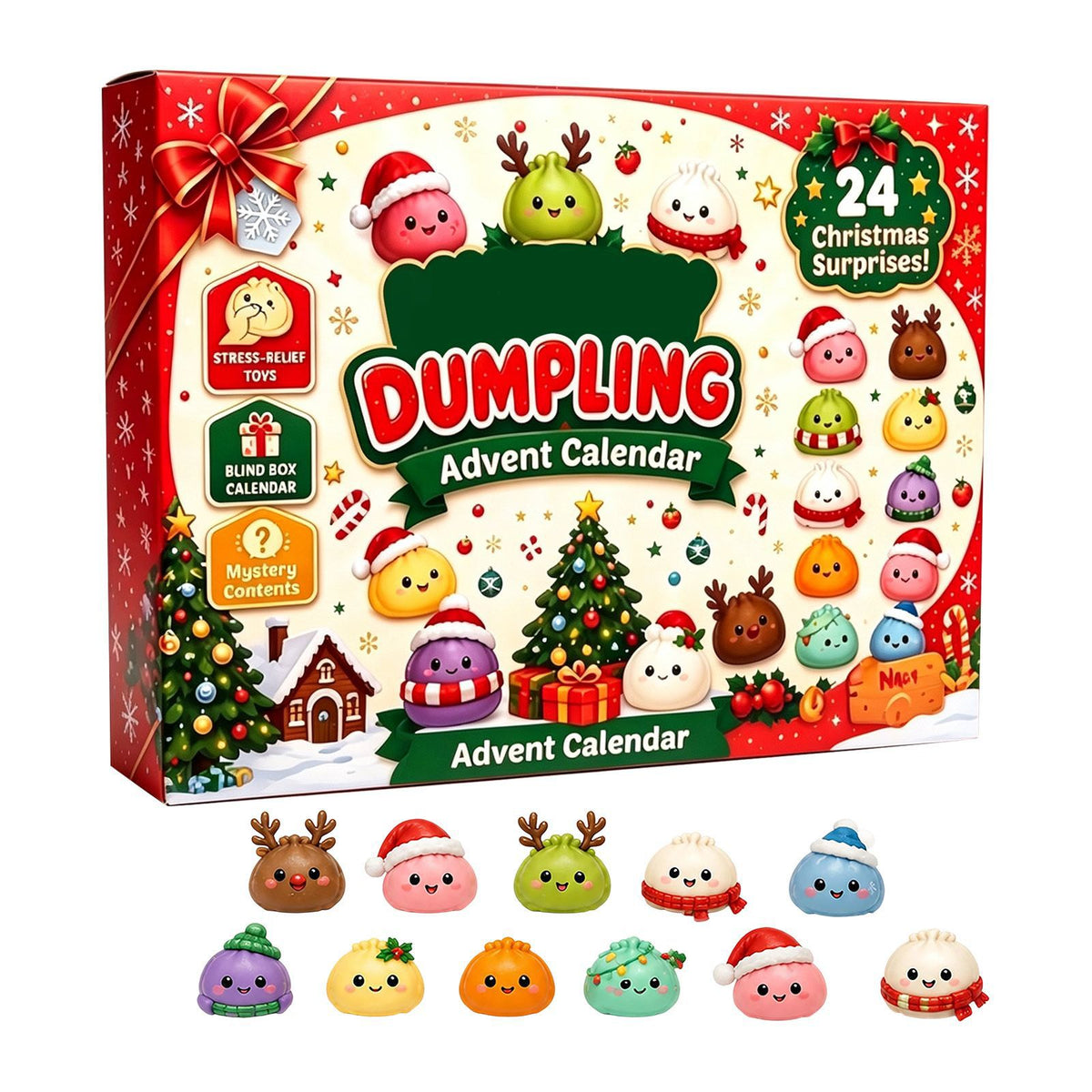 2026 Christmas Squishy Advent Calendar by MadeMine featuring 24 dumpling-themed fidget toys for kids.