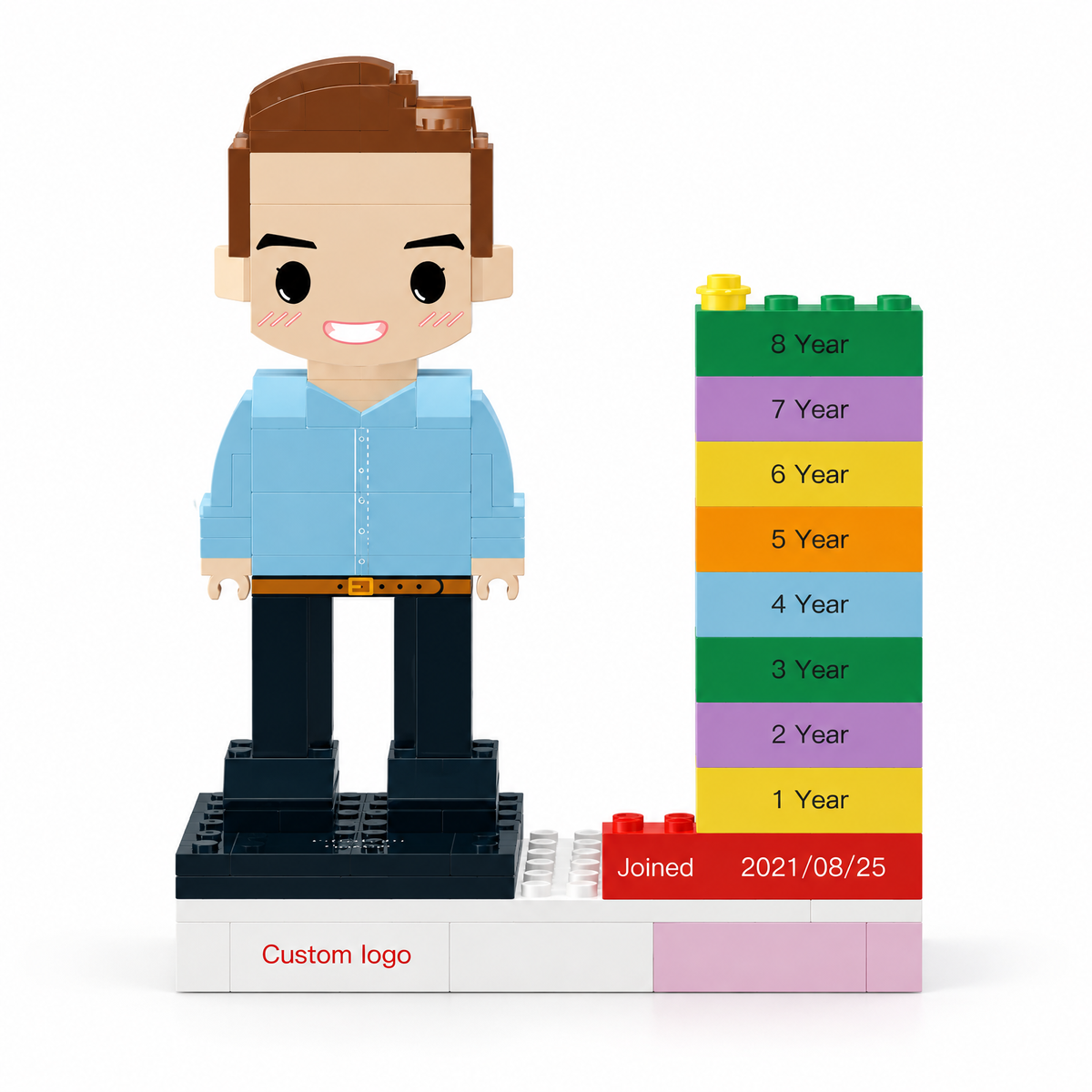 MadeMine personalized employee award brick figure with custom name, logo, and date for corporate recognition gifts.