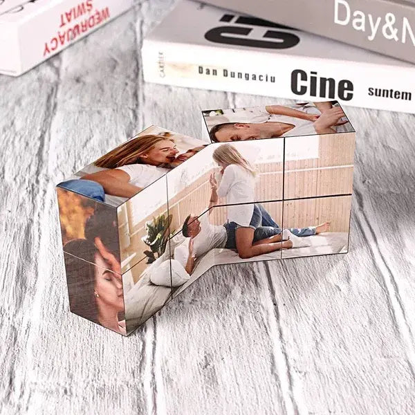 MadeMine personalized photo cube with wooden base, multi-photo infinity folding design, perfect for custom gift and keepsake.