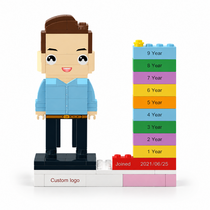 MadeMine personalized employee award brick figure with custom name, logo, and date for corporate recognition.