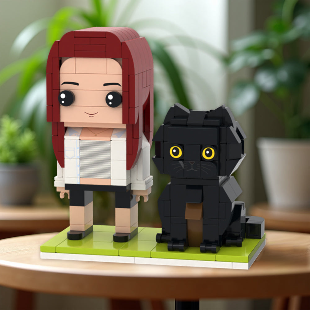 Persoonlijke full-body brick figuren van MadeMine, familie met kat, op maat gemaakte cadeau, minimalistisch en speels ontwerp