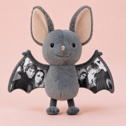 Personalized Photo Bat plush toy by MadeMine with custom Halloween design, featuring a soft plush bat with a space for a photo.