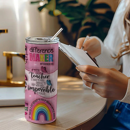 Personalized 3D Apple & Pencil Teacher Tumbler – 20oz Skinny with Lid & Straw