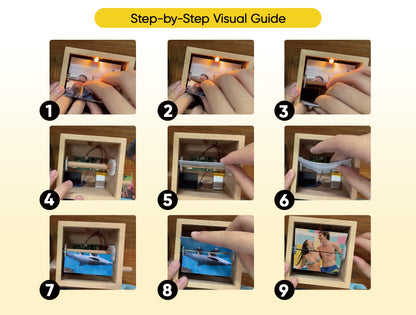 MadeMine custom photo flipbook frame with hand-crank mechanism, animated images, and built-in light for personalized gift display.