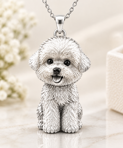 Personalized 3D pet portrait necklace in sterling silver featuring a custom dog or cat pendant, memorial jewelry gift.