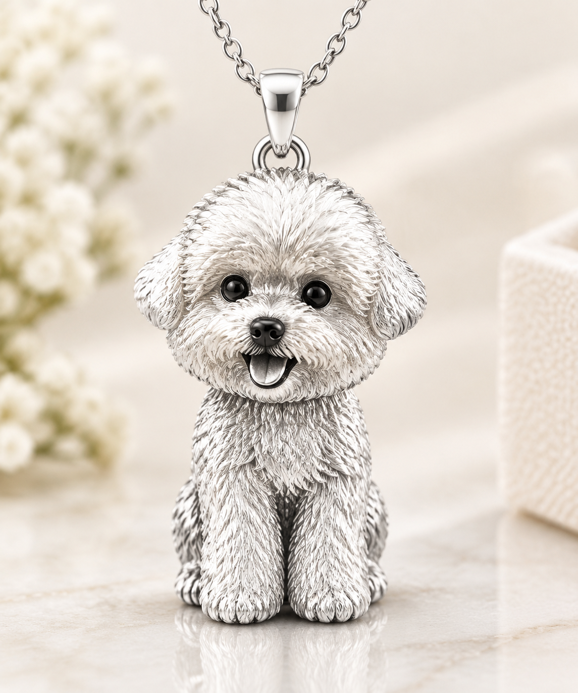Personalized 3D pet portrait necklace featuring a sterling silver dog and cat pendant, memorial jewelry for pet lovers.