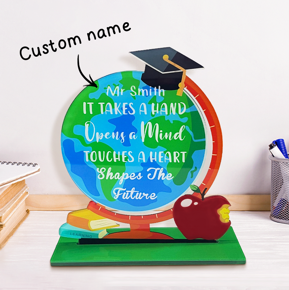 Personalized Globe Teacher Desk Sign – Custom Name Acrylic Plaque