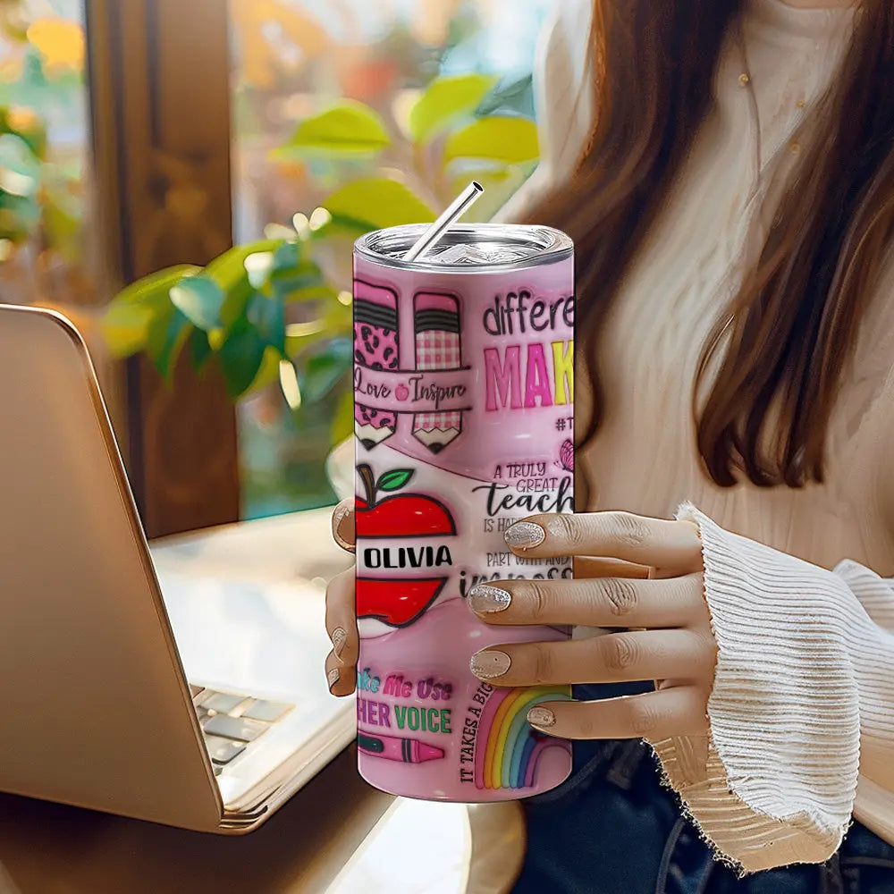 Personalized 3D Apple & Pencil Teacher Tumbler – 20oz Skinny with Lid & Straw