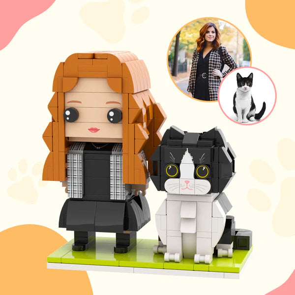 Persoonlijke MadeMine brick figuur met kat, volledige lichaamsaanpassing, voor gepersonaliseerde cadeau-ideeën.