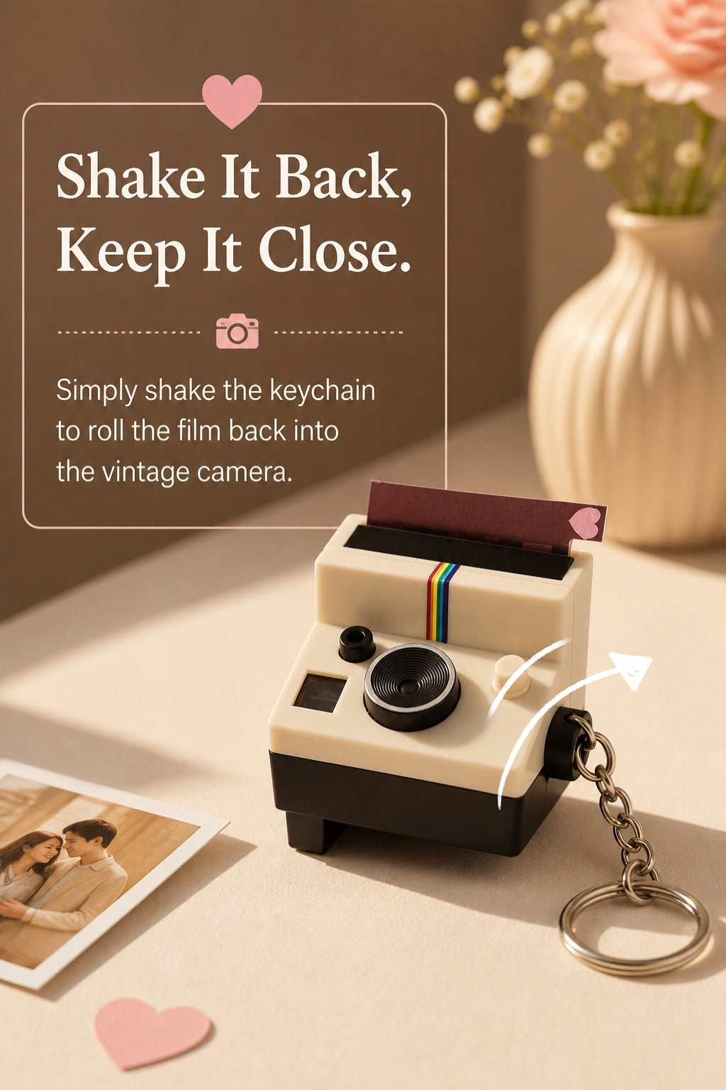 Personalized MadeMine photo film camera keychain with space for 5-10 photos, small metallic mini camera accessory.